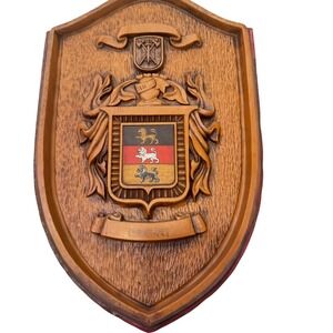 Vintage Wood-Look Oberg Family Crest Coat of Arms Wall Plaque Shield 15x9"‎